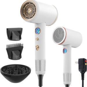 Fast-Drying Ionic Hair Dryer,1875 Watt High-Speed Ionic Blow Dryer with Diffuser/Concentrator/Comb Nozzle,LED Temp Display,Intelligent Temp Control,Low Noise for Home Salon Travel (White)