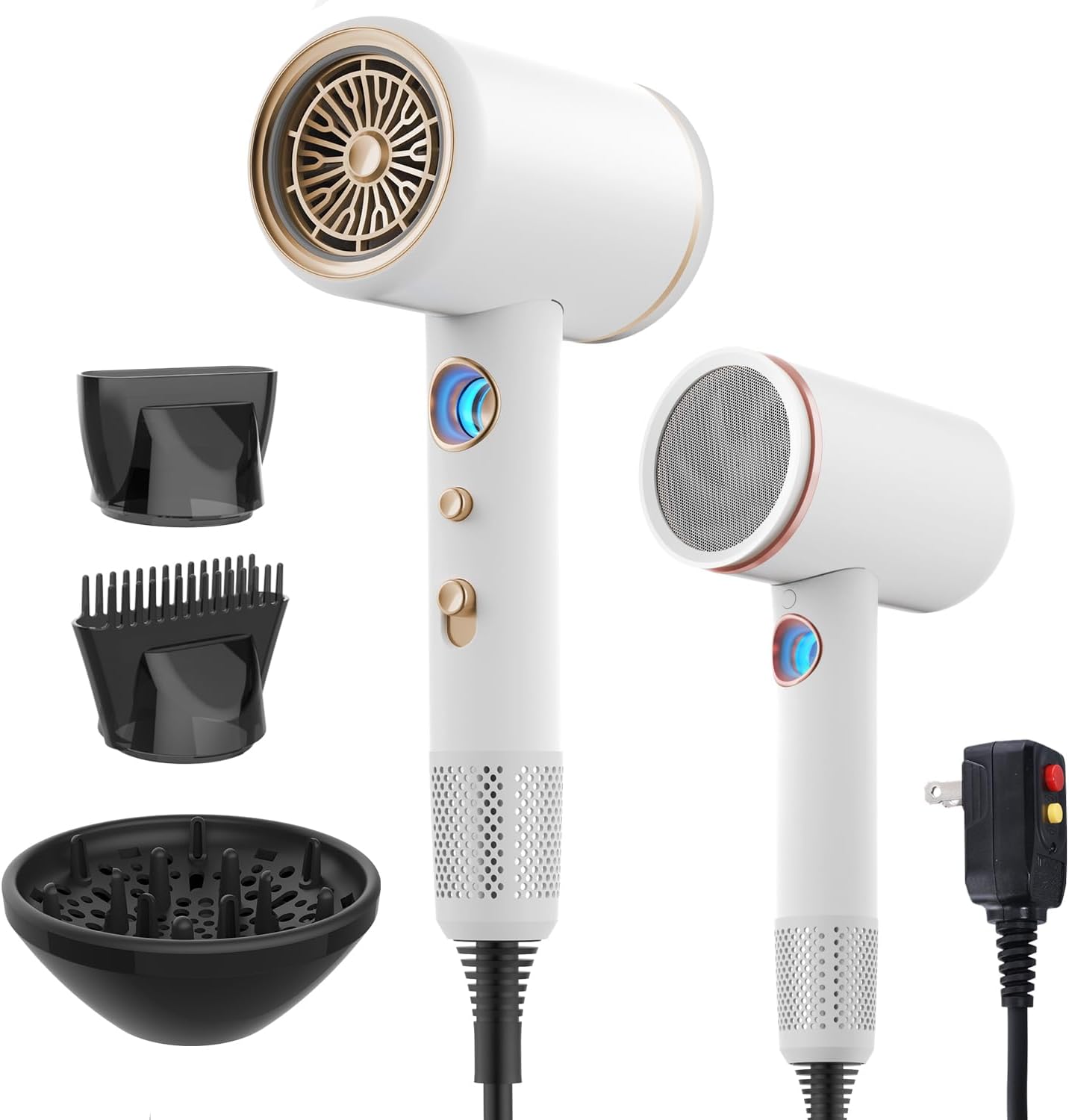 Fast-Drying Ionic Hair Dryer,1875 Watt High-Speed Ionic Blow Dryer with Diffuser/Concentrator/Comb Nozzle,LED Temp Display,Intelligent Temp Control,Low Noise for Home Salon Travel (White)