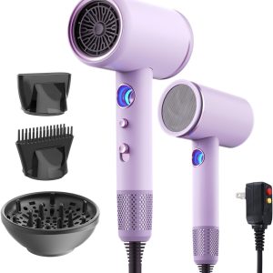 Fast-Drying Ionic Hair Dryer,1875 Watt High-Speed Ionic Blow Dryer with Diffuser/Concentrator/Comb Nozzle,LED Temp Display,Intelligent Temp Control,Low Noise for Home Salon Travel (Purple)